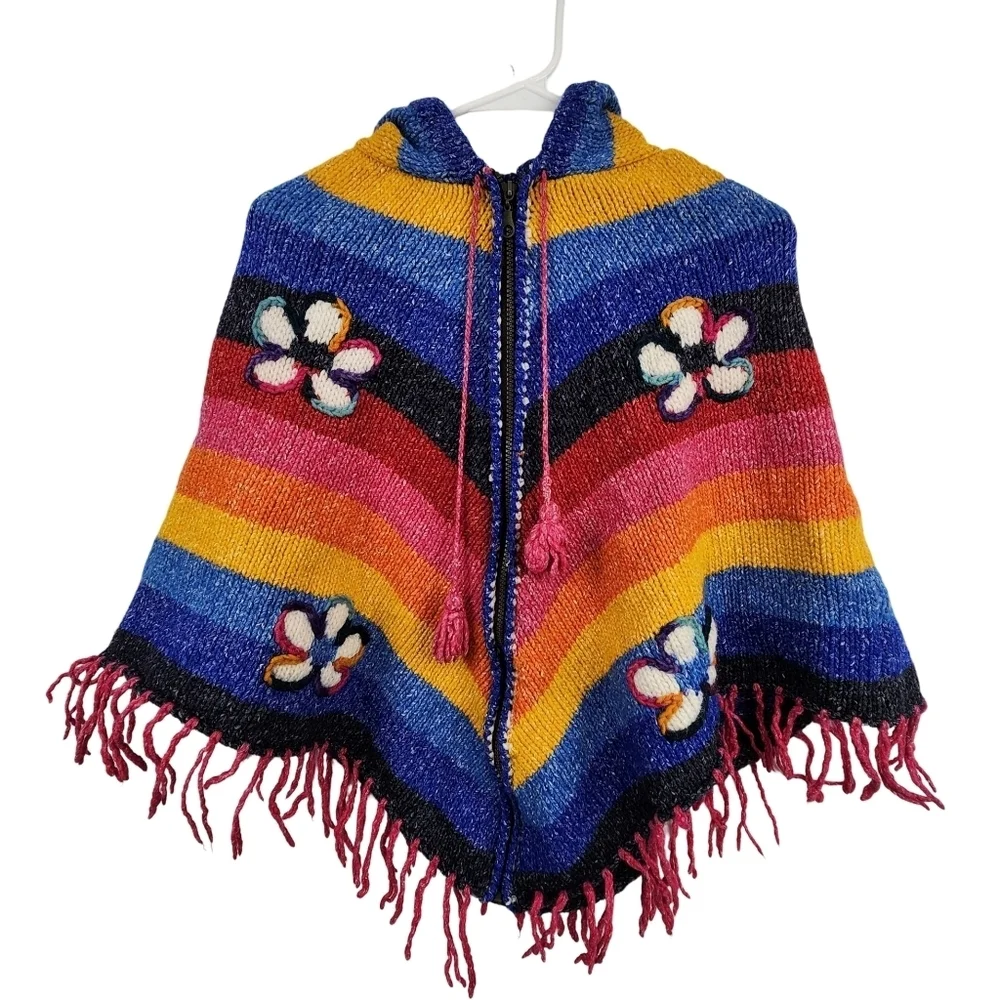 West Of The Moon Kids 100% Wool Colorful Full Zip Hooded Poncho Shawl - Picture 1 of 8